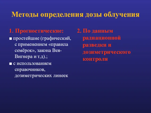 Методы определения дозы облучения 1. Прогностические: ■ простейшие (графический, с