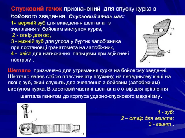 Спусковий гачок призначений для спуску курка з бойового зведення. Спусковий