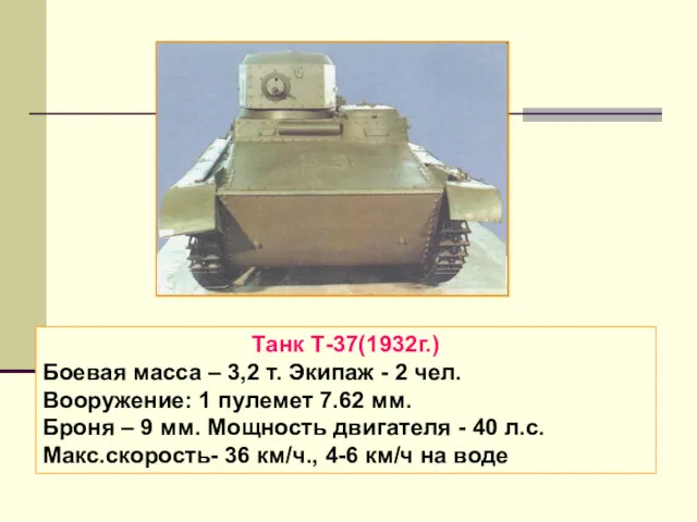Танк Т-37(1932г.) Боевая масса – 3,2 т. Экипаж - 2