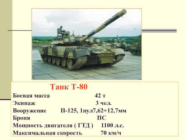 Танк Т-80 Боевая масса 42 т Экипаж 3 чел. Вооружение