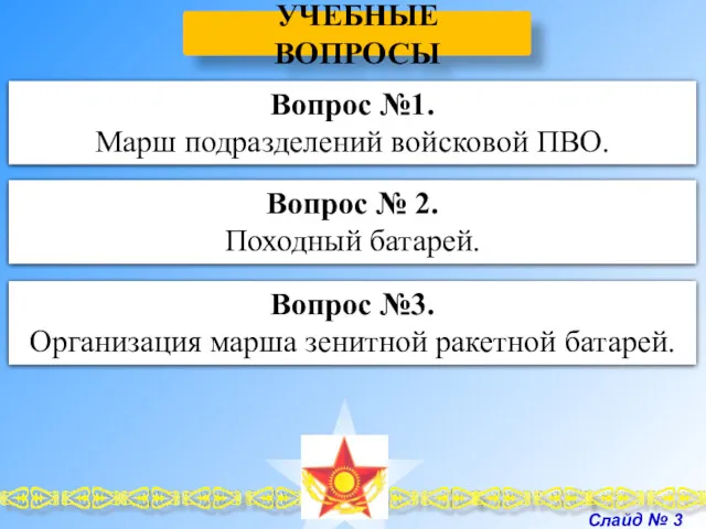 УЧЕБНЫЕ ВОПРОСЫ Вопрос №1. Марш подразделений войсковой ПВО. Слайд №