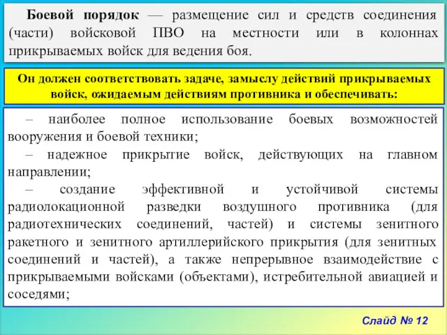 Слайд № 12 Боевой порядок — размещение сил и средств