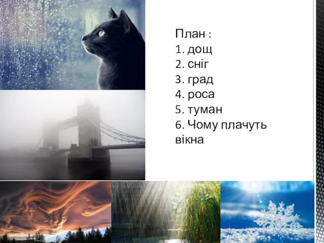 План : 1. дощ 2. сніг 3. град 4. роса 5. туман 6. Чому плачуть вікна