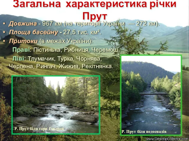 Загальна характеристика річки Прут Довжина - 967 км (на території