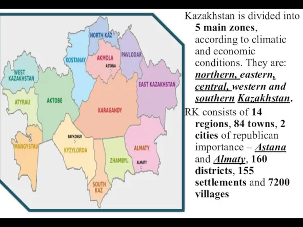 Kazakhstan is divided into 5 main zones, according to climatic