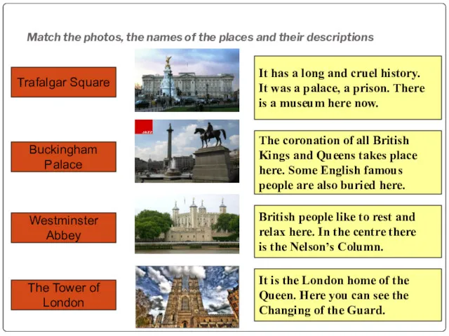 Match the photos, the names of the places and their