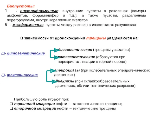 В зависимости от происхождения трещины разделяются на: Биопустоты: - внутриформенные: