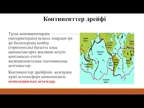 Континенттер дрейфі Тұтас континенттердің (материктердің) немесе олардың ірі-ірі бөліктерінің көлбеу