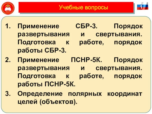 Учебные вопросы 1 Применение СБР-3. Порядок развертывания и свертывания. Подготовка