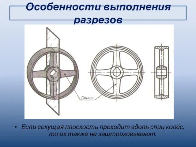 Особенности выполнения разрезов Если секущая плоскость проходит вдоль спиц колёс, то их также не заштриховывают.