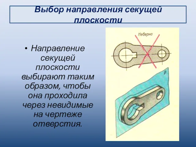 Выбор направления секущей плоскости Направление секущей плоскости выбирают таким образом,