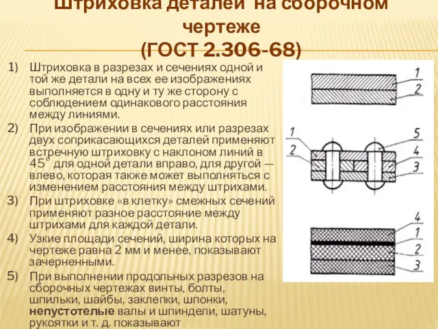 Штриховка деталей на сборочном чертеже (ГОСТ 2.306-68) Штриховка в разрезах