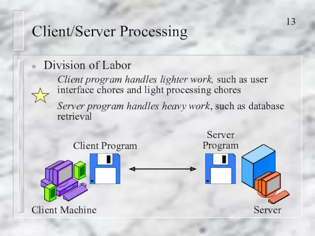 Client/Server Processing Division of Labor Client program handles lighter work,