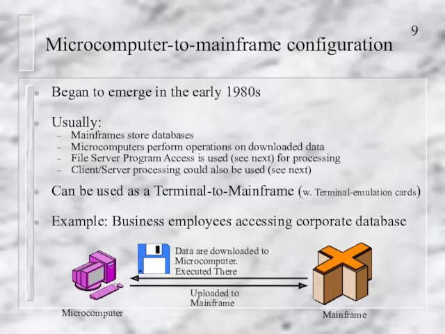 Microcomputer-to-mainframe configuration Began to emerge in the early 1980s Usually: Mainframes store databases
