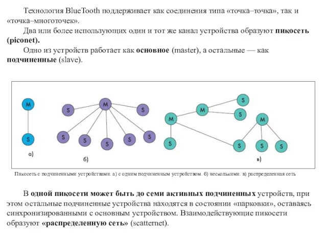 В одной пикосети может быть до семи активных подчиненных устройств,