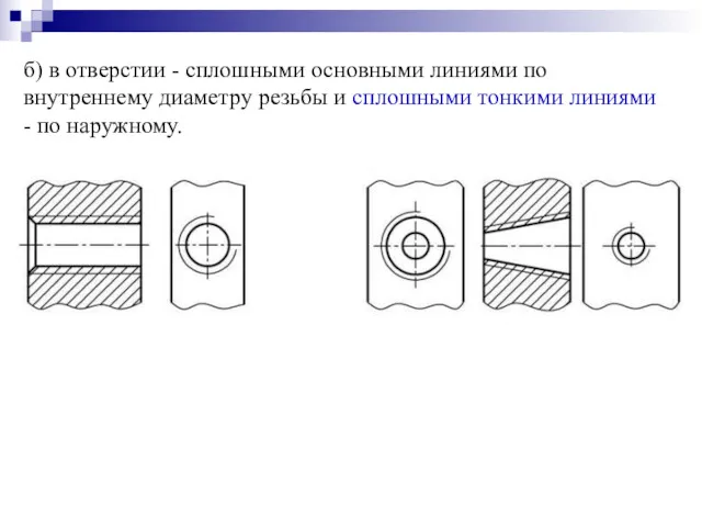 б) в отверстии - сплошными основными линиями по внутреннему диаметру