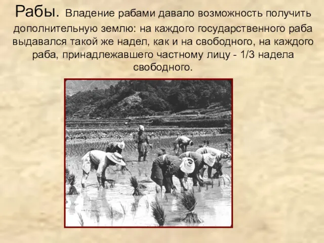 Рабы. Владение рабами давало возможность получить дополнительную землю: на каждого