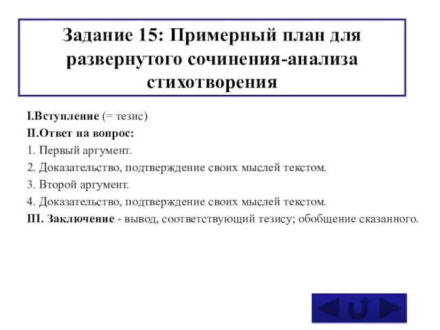 Задание 15: Примерный план для развернутого сочинения-анализа стихотворения I.Вступление (=