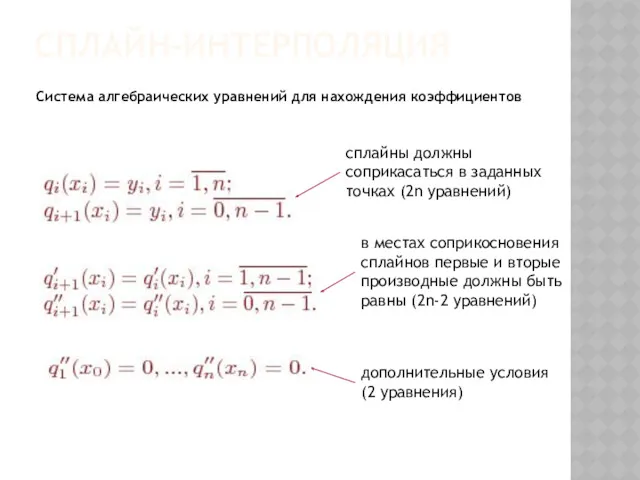 СПЛАЙН-ИНТЕРПОЛЯЦИЯ сплайны должны соприкасаться в заданных точках (2n уравнений) в