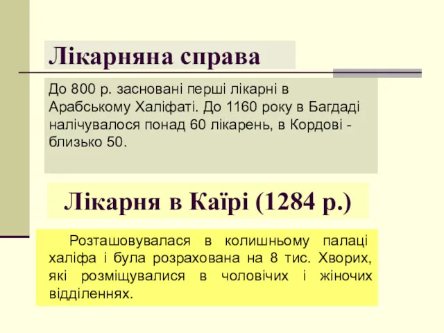 Лікарняна справа До 800 р. засновані перші лікарні в Арабському