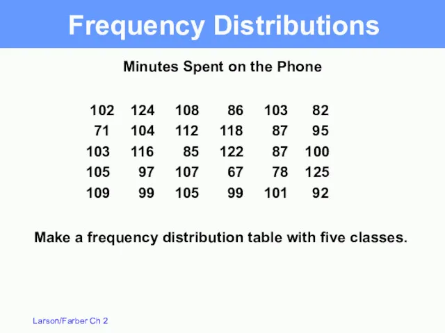 Frequency Distributions 102 124 108 86 103 82 71 104