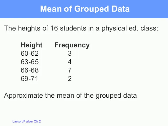 Mean of Grouped Data The heights of 16 students in