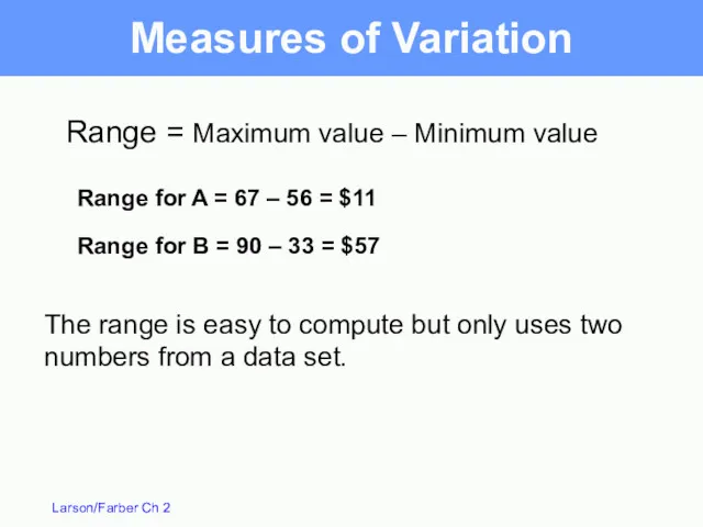 Range for A = 67 – 56 = $11 Range