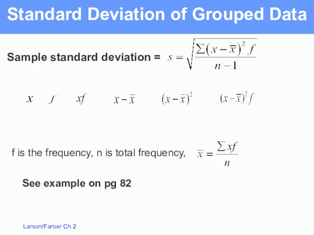 Standard Deviation of Grouped Data Sample standard deviation = See