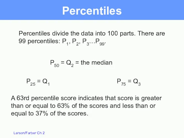 Percentiles Percentiles divide the data into 100 parts. There are