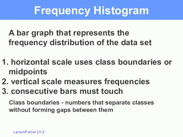 Frequency Histogram A bar graph that represents the frequency distribution