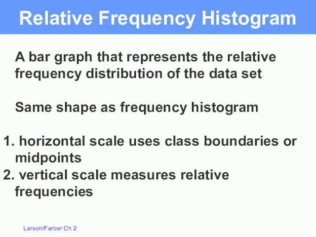 Relative Frequency Histogram A bar graph that represents the relative