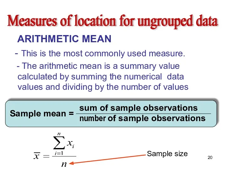 Measures of location for ungrouped data ARITHMETIC MEAN - This