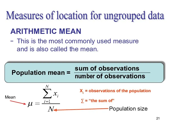 sum of observations number of observations Population mean = Measures
