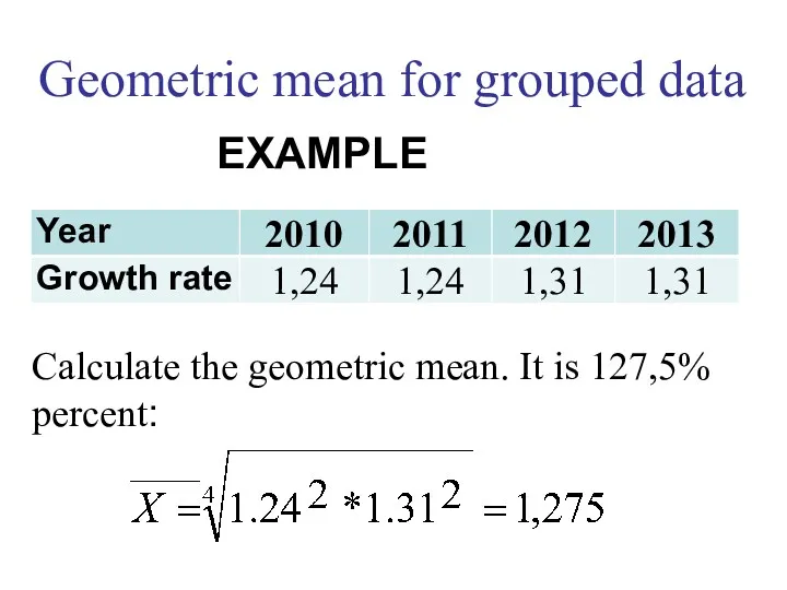 Calculate the geometric mean. It is 127,5% percent: Geometric mean for grouped data EXAMPLE