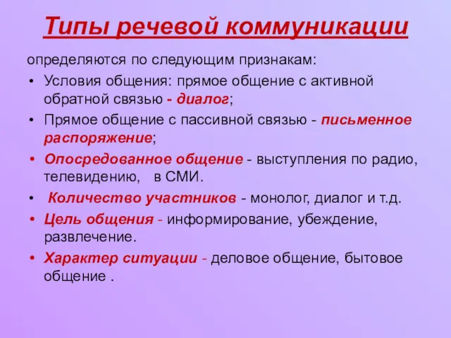 Типы речевой коммуникации определяются по следующим признакам: Условия общения: прямое