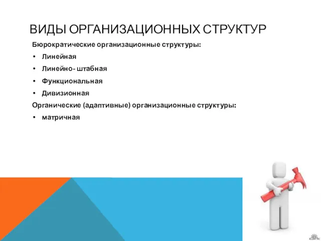 ВИДЫ ОРГАНИЗАЦИОННЫХ СТРУКТУР Бюрократические организационные структуры: Линейная Линейно- штабная Функциональная Дивизионная Органические (адаптивные) организационные структуры: матричная