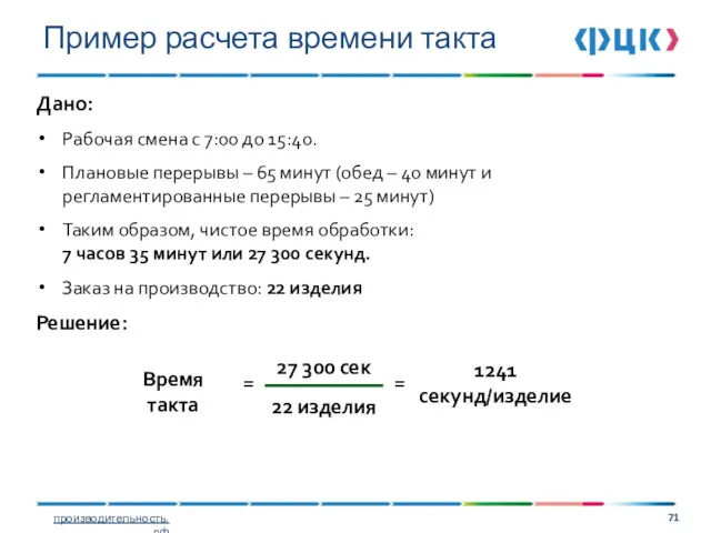 Пример расчета времени такта Дано: Рабочая смена с 7:00 до