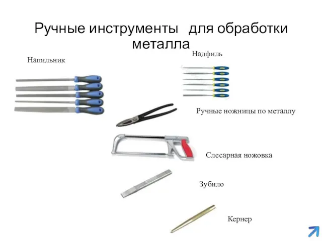 Ручные инструменты для обработки металла Напильник Надфиль Ручные ножницы по металлу Слесарная ножовка Кернер Зубило