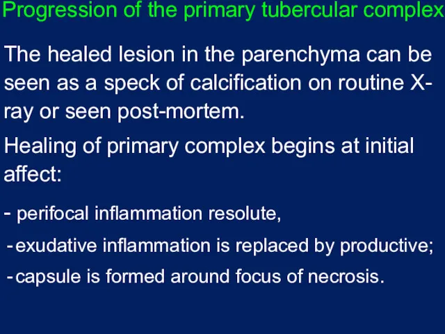 Progression of the primary tubercular complex The healed lesion in