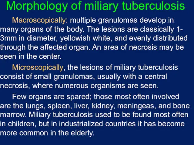 Morphology of miliary tuberculosis Macroscopically: multiple granulomas develop in many