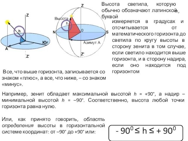 Высота светила, которую обычно обозначают латинской буквой измеряется в градусах