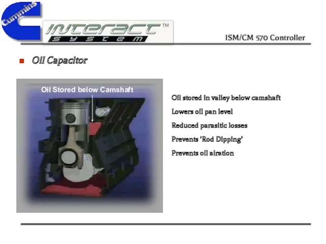 Oil Capacitor Oil Stored below Camshaft Oil stored in valley below camshaft Lowers