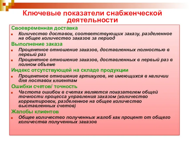 Ключевые показатели снабженческой деятельности Своевременная доставка Количество доставок, соответствующих заказу, разделенное на общее