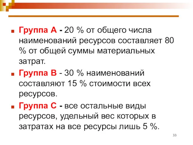 Группа А - 20 % от общего числа наименований ресурсов составляет 80 %