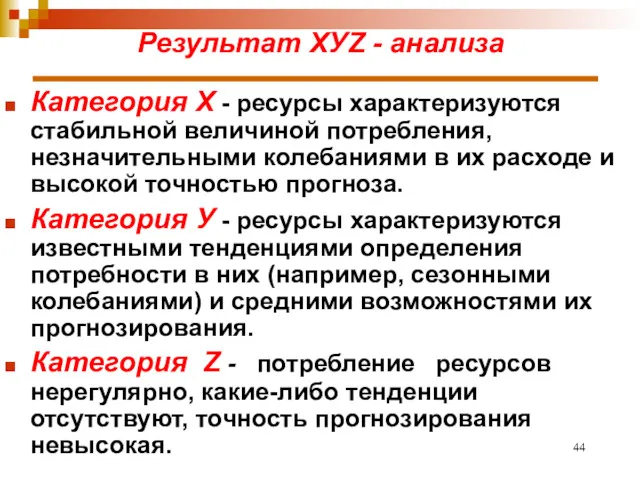 Результат ХУZ - анализа Категория X - ресурсы характеризуются стабильной величиной потребления, незначительными