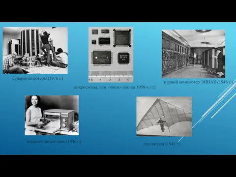 микроволно­вая печь (1946 г.) первый компьютер ЭНИАК (1946 г.) дельтаплан (1948 г.) микросхемы,