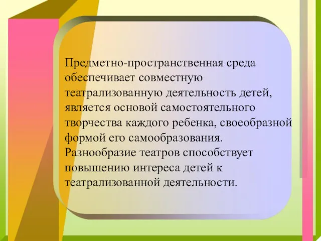 Предметно-пространственная среда обеспечивает совместную театрализованную деятельность детей, является основой самостоятельного