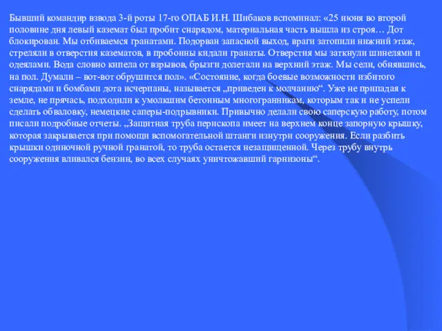 Бывший командир взвода 3-й роты 17-го ОПАБ И.Н. Шибаков вспоминал: