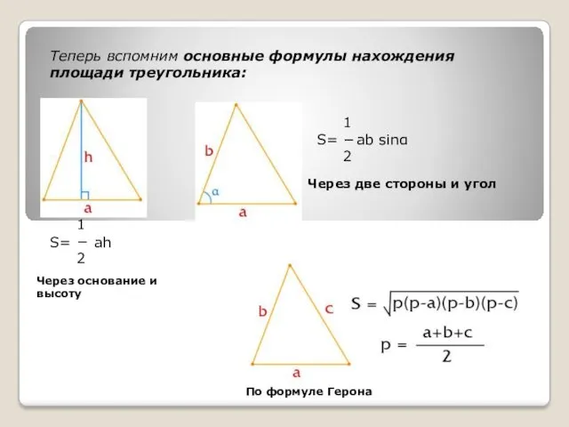 Теперь вспомним основные формулы нахождения площади треугольника: 1  2