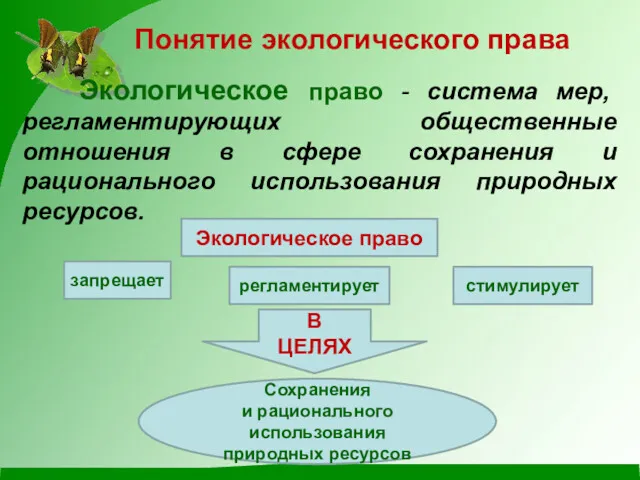 Понятие экологического права Экологическое право - система мер, регламентирующих общественные